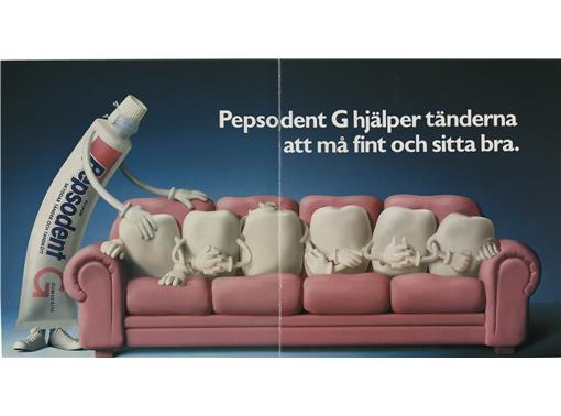 Reklam för Pepsodent G, en tandkräm som är snäll mot tandköttet.